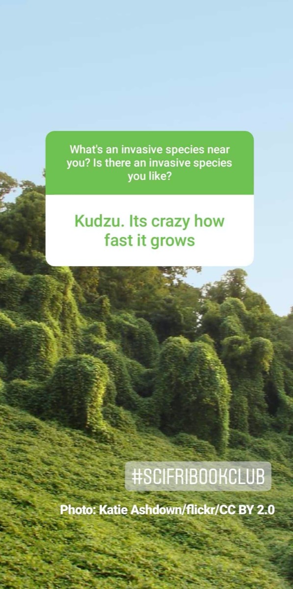 a screenshot of an instagram story. in the background is a landscape covered in thick green vines. text reads "kudzu. its crazy how fast it grows."