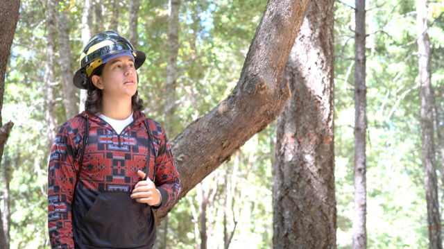 a young man wears a protective helmet as he stands in the forest