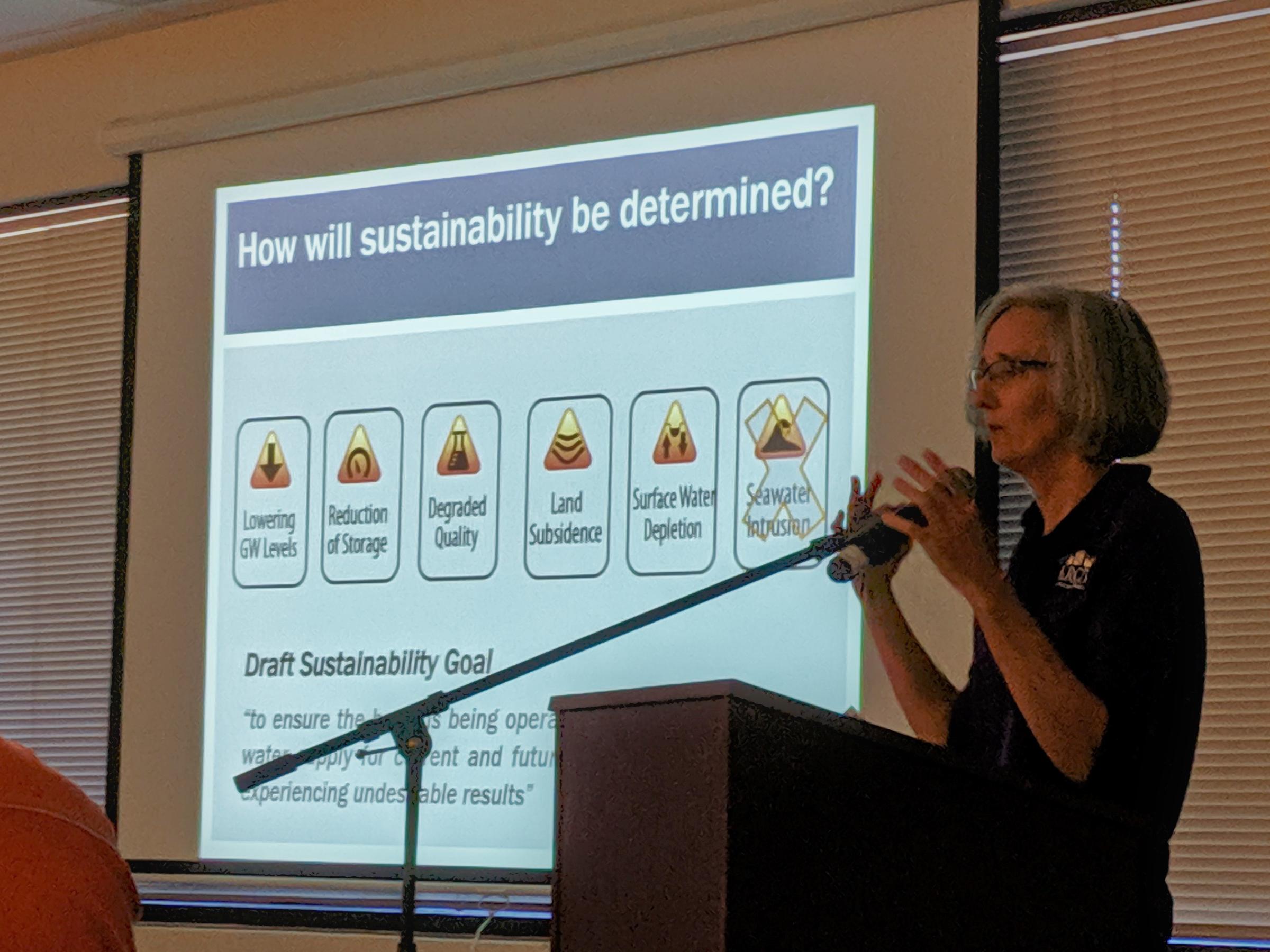 a woman at a podium with a presentation behind her