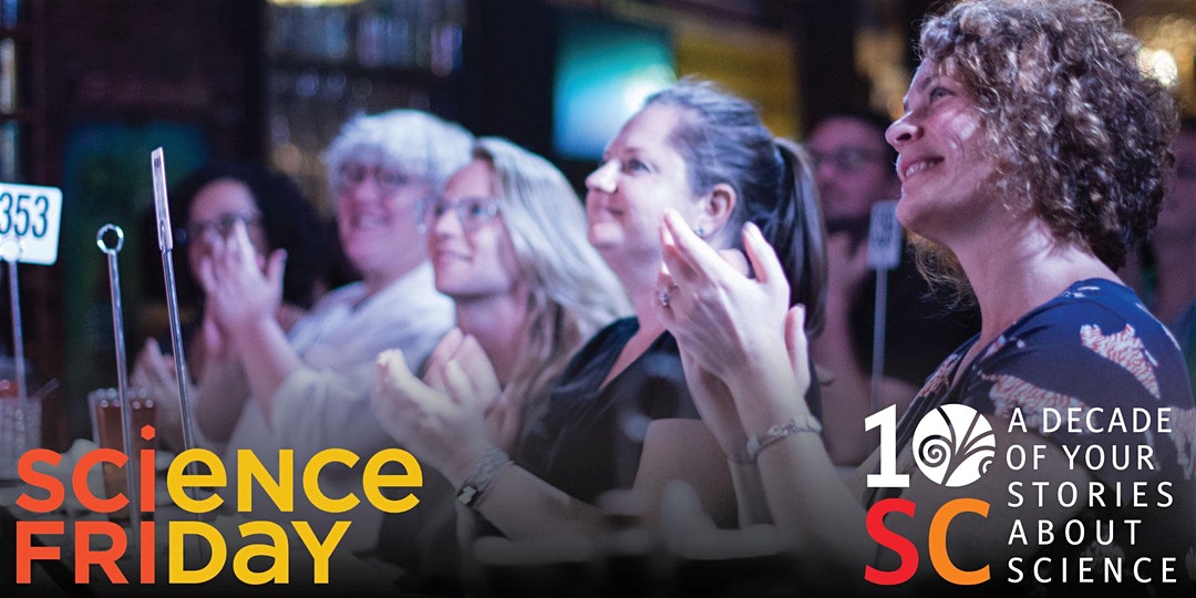 image of audience clapping and smiling at stage to the left, with logos for science friday and story collider