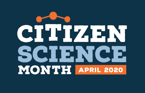 citizen science month, april 2020 logo with dark blue background and atomic structure-like graphic connecting the dots over the i's