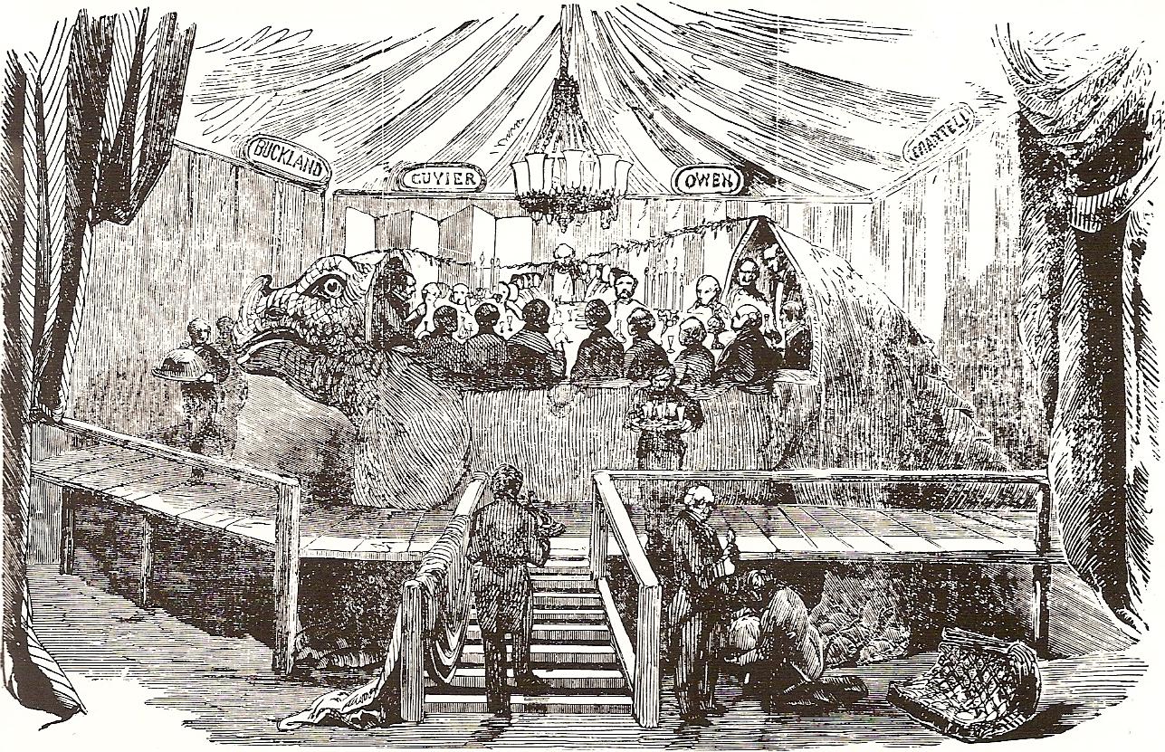 black and white etching of dinosaur dinner inside iguanodon shell