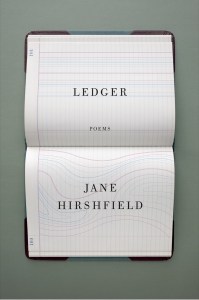 a book cover that shows an open book with thin cartography lines. it reads "ledger, poems" by jane hirshfield