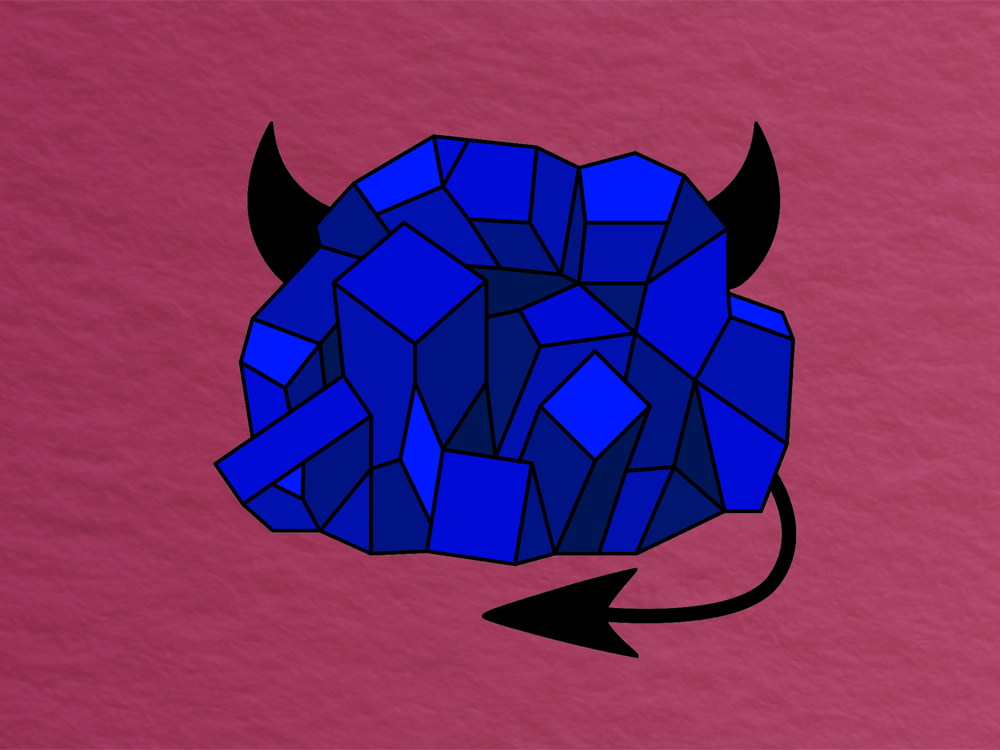 bright blue rock with devil horns against a red papery background