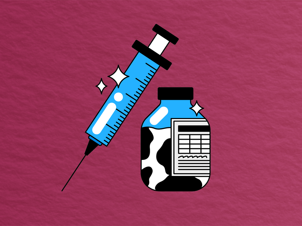 bottle filled with cow colored liquid and syringe on red background