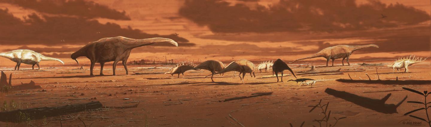 a colored illustration of dinosaurs in a desert like environment