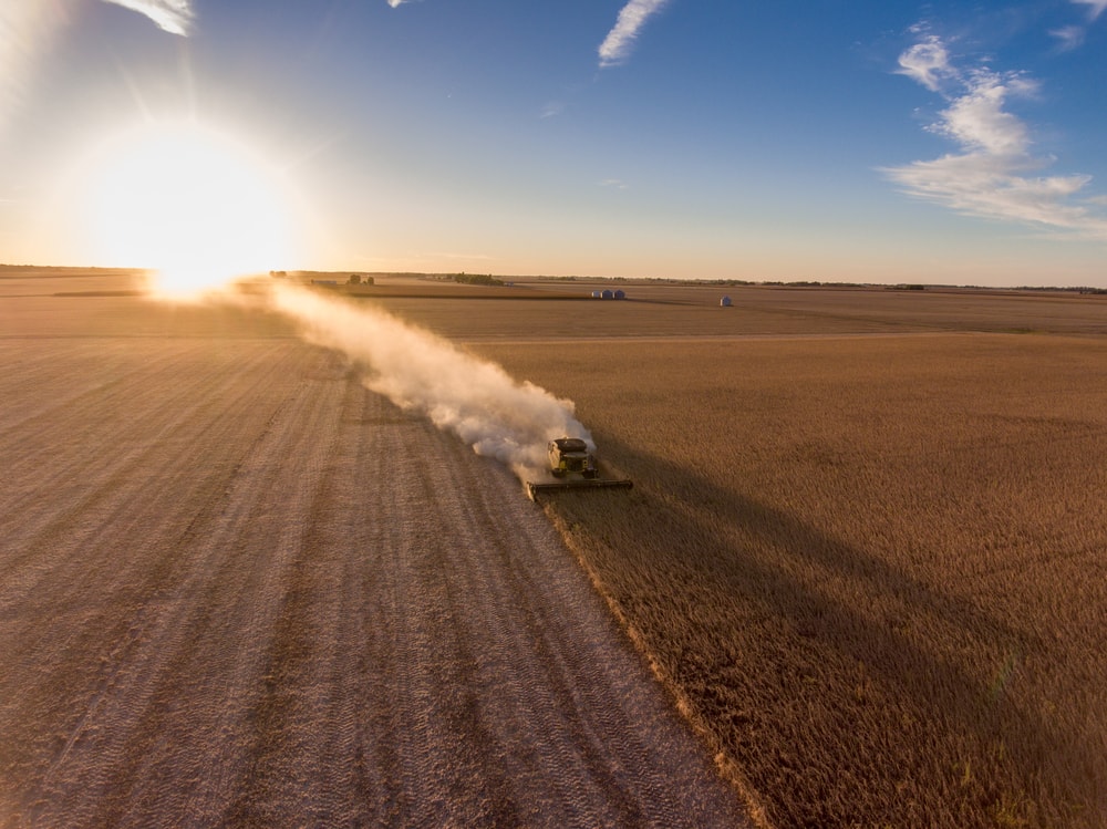 Combine at nightfall cutting corn in a field in midwest United States