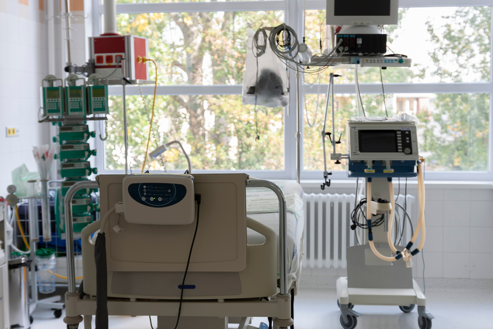 Intensive care unit in hospital, bed with monitor, ventilator