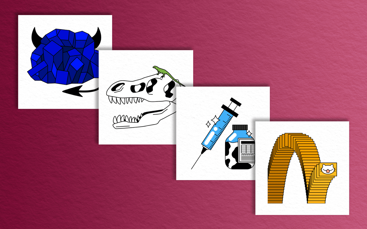 four illustrations tiled on a red background. from left to right, an illustration of a blue rock with devil horns and a tail, a t rex skull with a lizard on top, a syringe with a small medical vial that is cow printed, and replicating square featuring a cartoon cat face