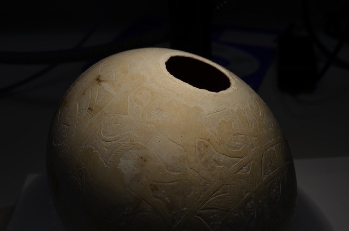 a large egg shell with a hole on the side. there are intricate carvings on its surface