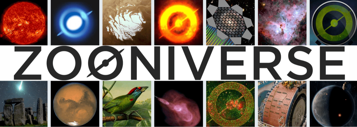 a poster that says 'zooniverse' with many pictures of space and nature