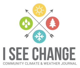 a logo with two arrows crossing each other forming an X. four dots surround it with images of water drops, a sun, tree, and snowflake. underneath is "I see change: community climate and weather journal"