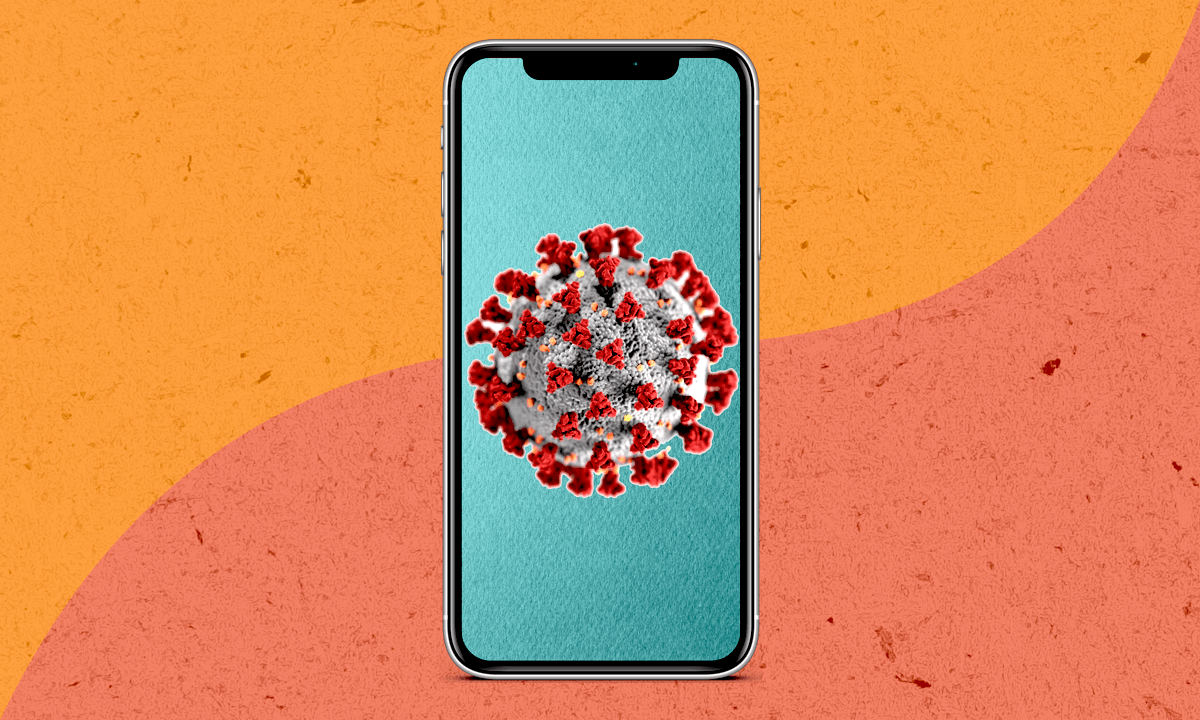 a graphic of a smartphone showing the illustration of the coronavirus on a red and orange background