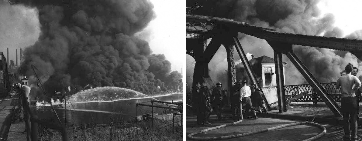 два черно-белых фото рядом. оба изображают могучий черный дым на реке. фото сделаны с моста
