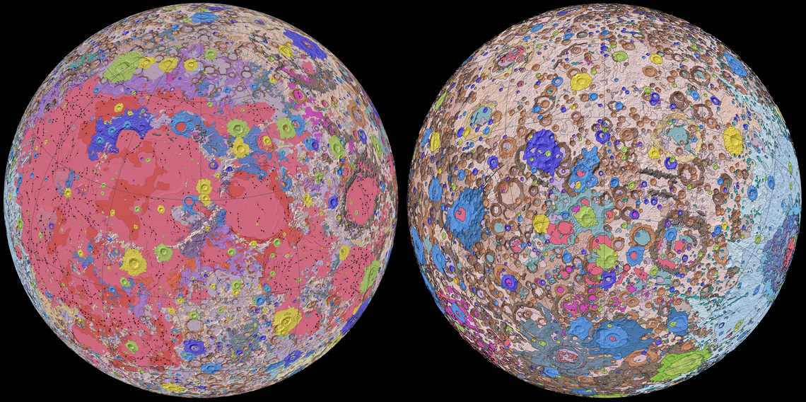 two map representations of the moon with false color