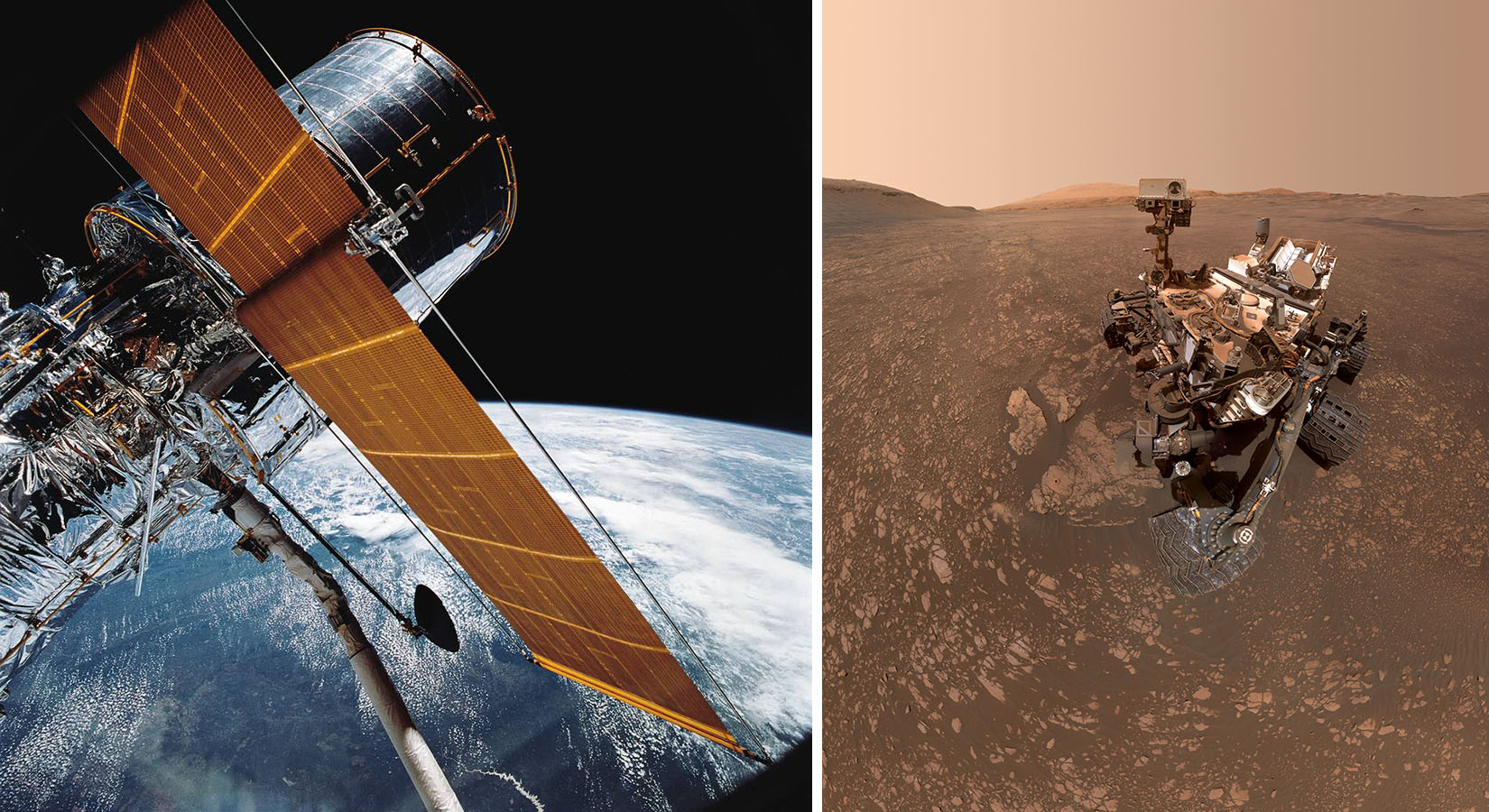 The Hubble Telescope with a view of Earth behind it (left) and the Mars Curiosity Rover selfie at 'Aberlady' and 'Kilmarie'