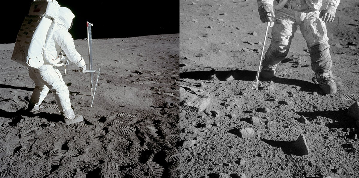 Two astronauts collecting samples during missions to the Moon. Buzz Aldrin takes a core sample during the moon during Apollo 11 mission (left) and Pete Conrad collects a rock sample with a pair of tongs during the Apollo 12 mission (right)