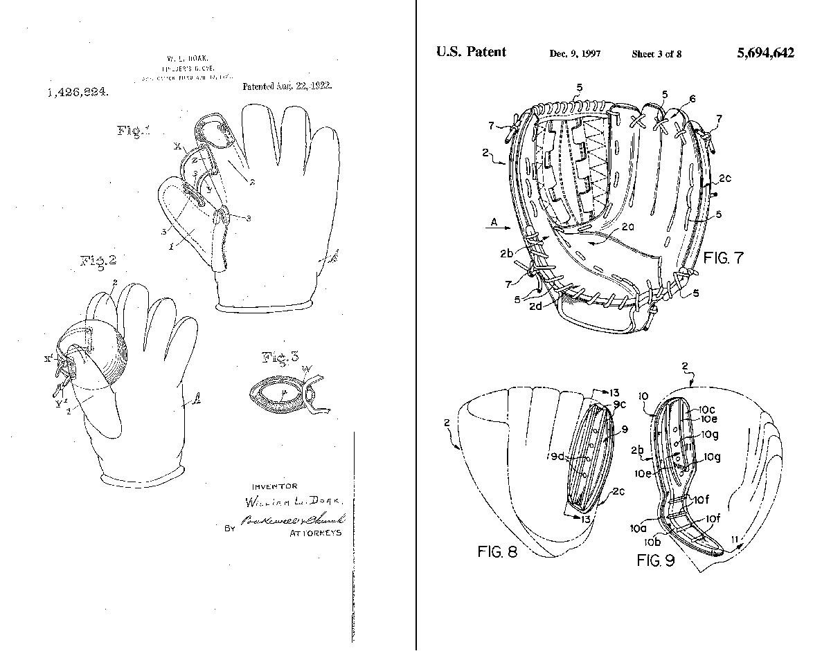 Line drawing of a baseball mitt patented in 1922. Shows palm and backhand view.