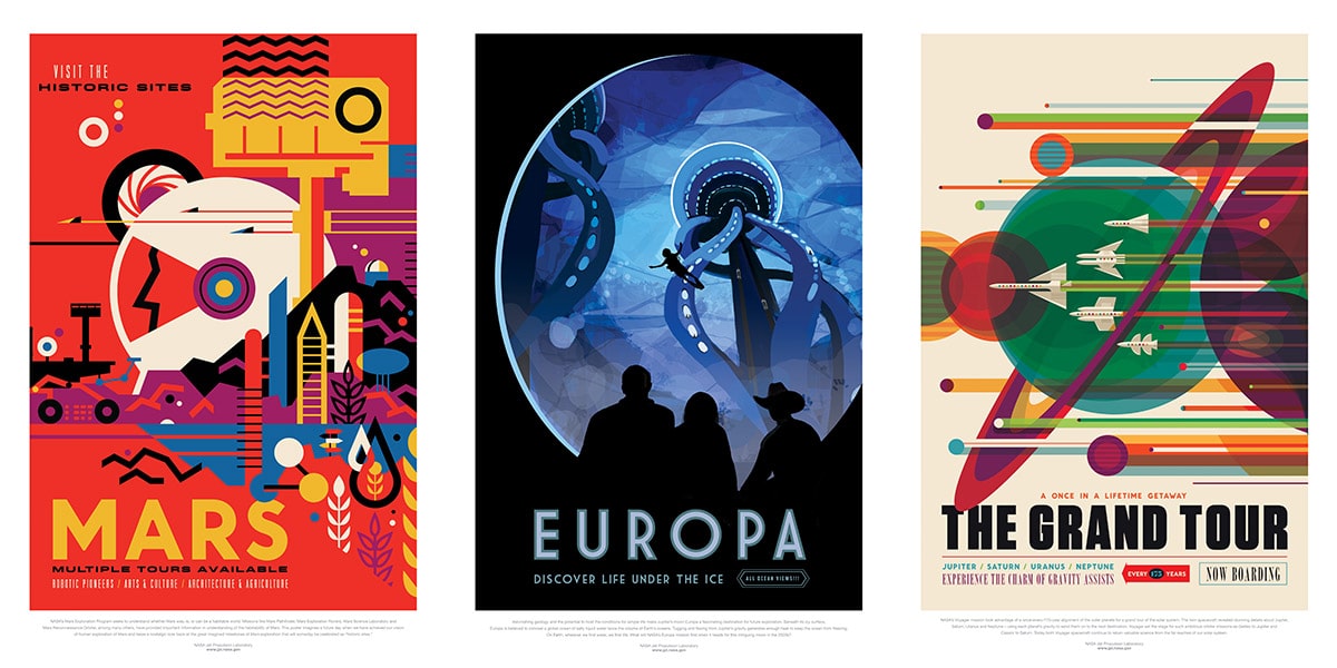 Left, red poster "Visit the historic sites of Mars" line images of water droplets and the Mars rover. Center, black poster with blue center where a underwater diver swims "Europa : Discover Life Under the Ice." Right, cream poster with rockets of many different colors fly horizontally with streaks "The Grand Tour, Jupiter/Saturn/Uranus/Neptune"