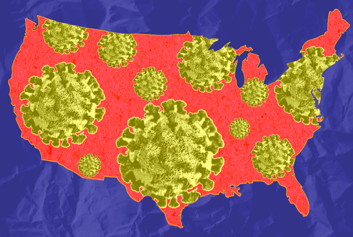 a colored graphic design of an outline of the united states colored red and covered with virus particles that had been photoshopped yellow