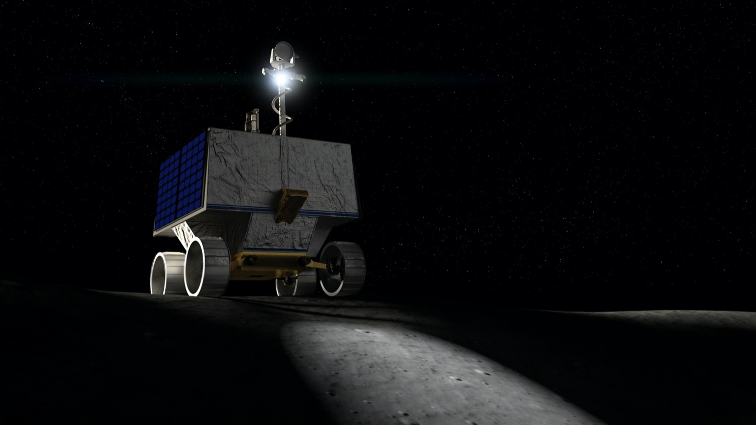 a cgi image of a boxy rover on the moon with a flashlight