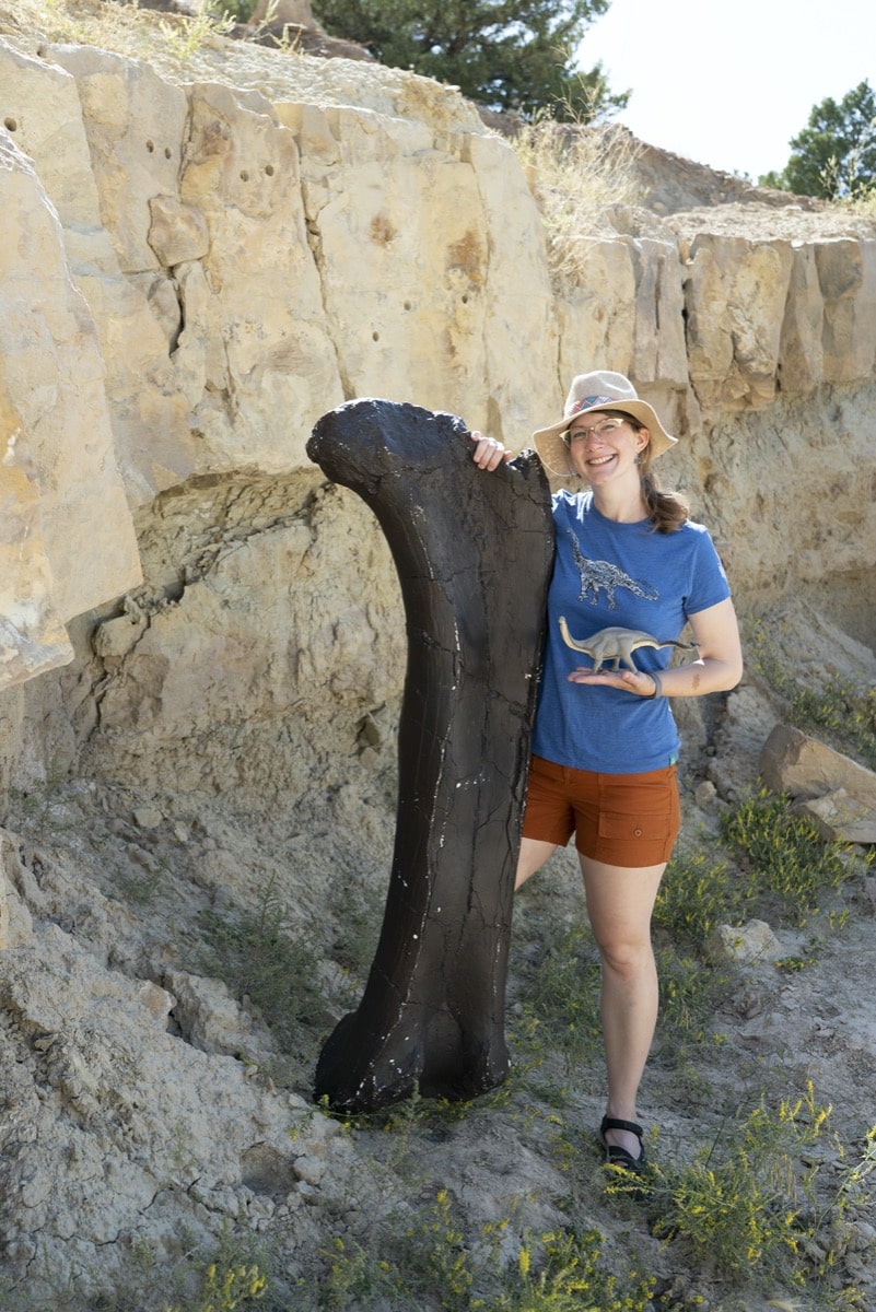a woman in a straw hat, glasses, and holding a sauropod dinosaur toy stands next to a very large bone as tall as her in a rock quarry