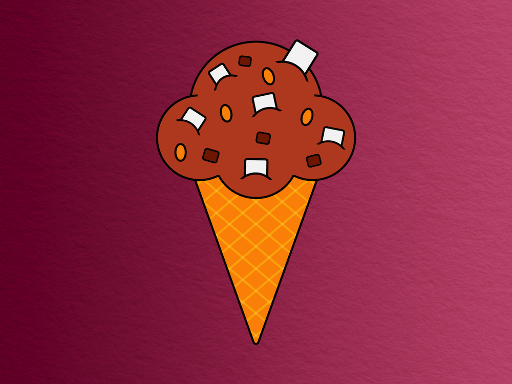 cartoon chocolate ice cream cone with marshmallow and nut chunks against a wine-colored background with paper texture