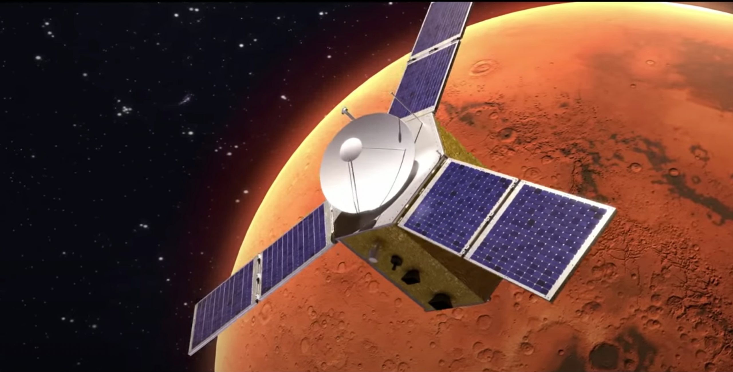 an illustration of a satellite with three solar panelled wings in orbit above mars