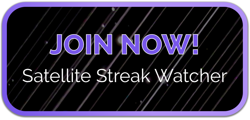 a button with a starry background with white line streaks and the words "join now satellite streak watcher" in purple and white