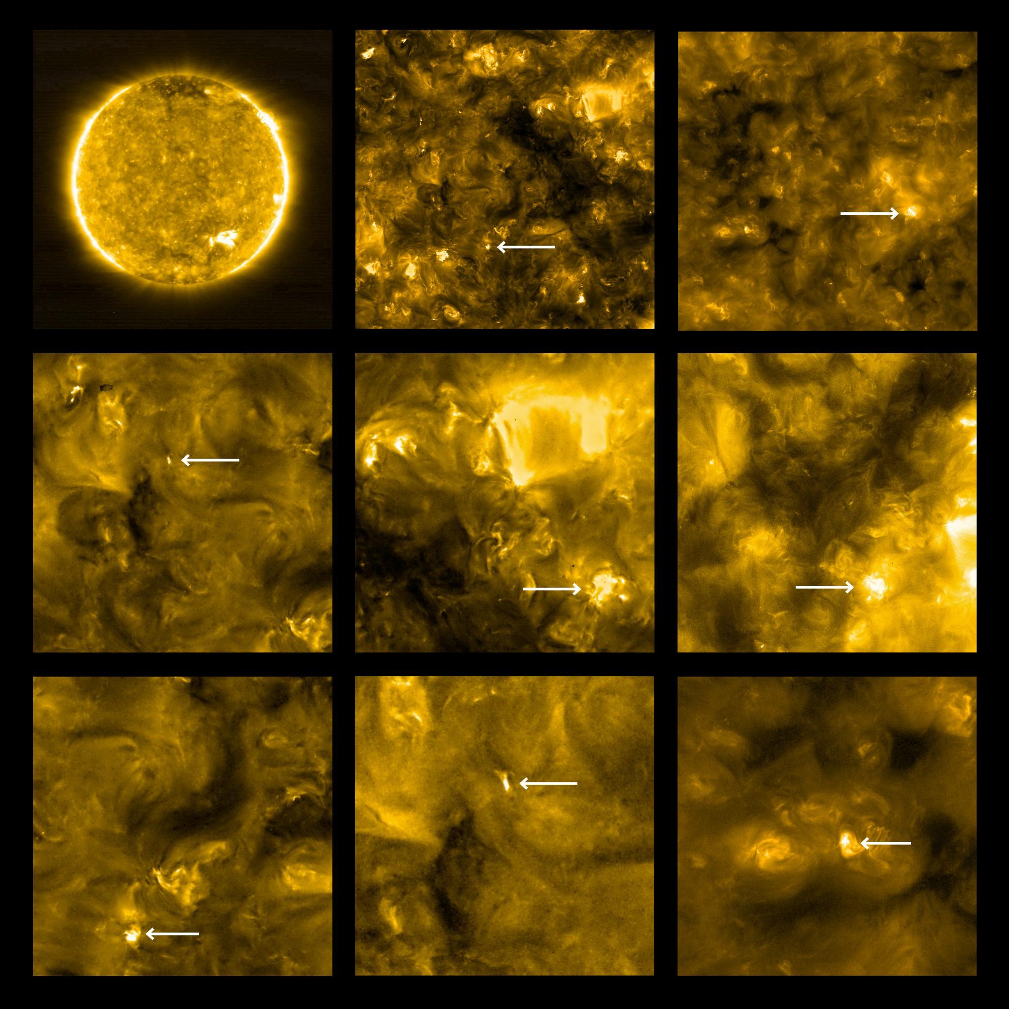 a collage of nine pictures with arrows pointing out campfires on the sun