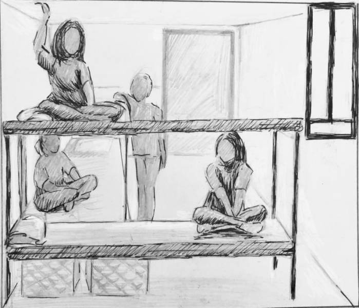 a sketch of four female figures in a bunk style cell