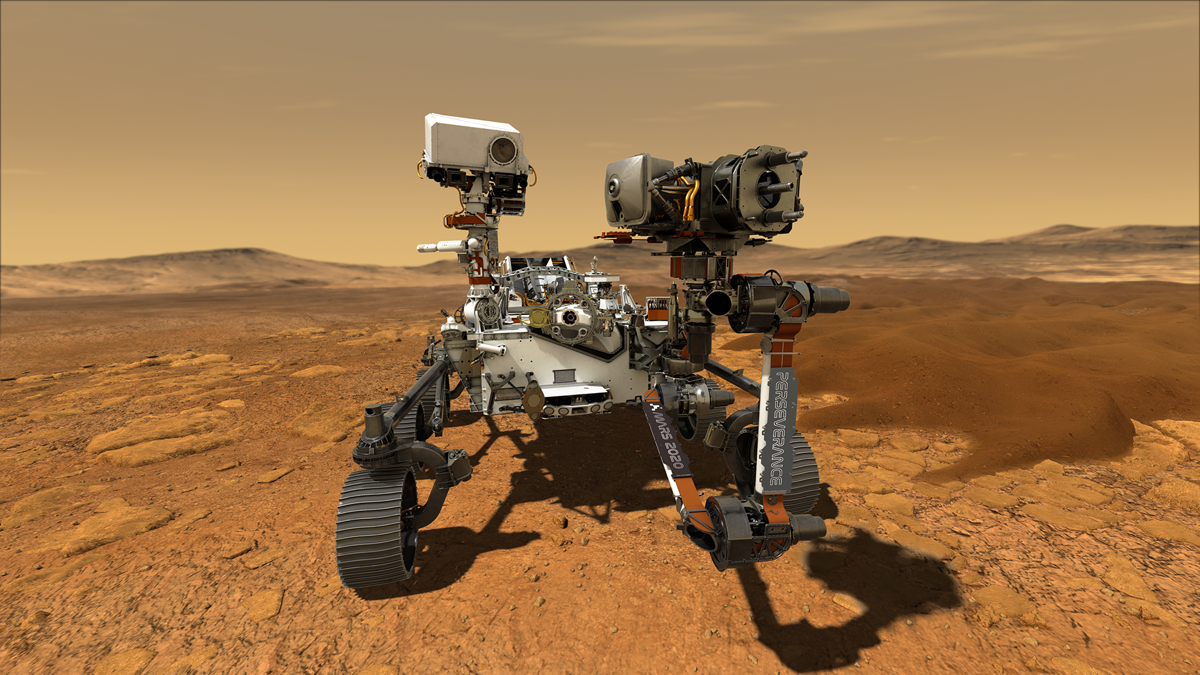 a colored illustration of a the front of a robot rover on the red desert terrain of mars