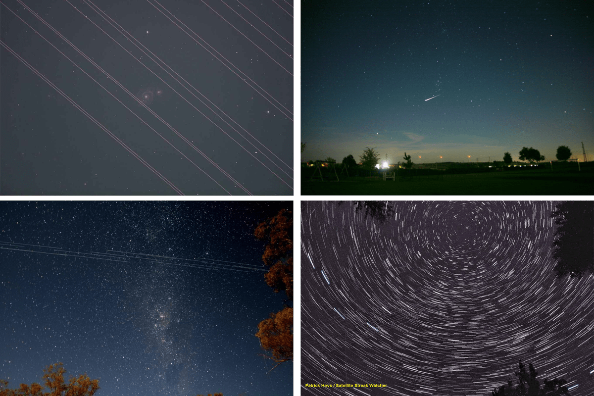 four images collaged together. they are of the night sky, showing white streaks from satellites