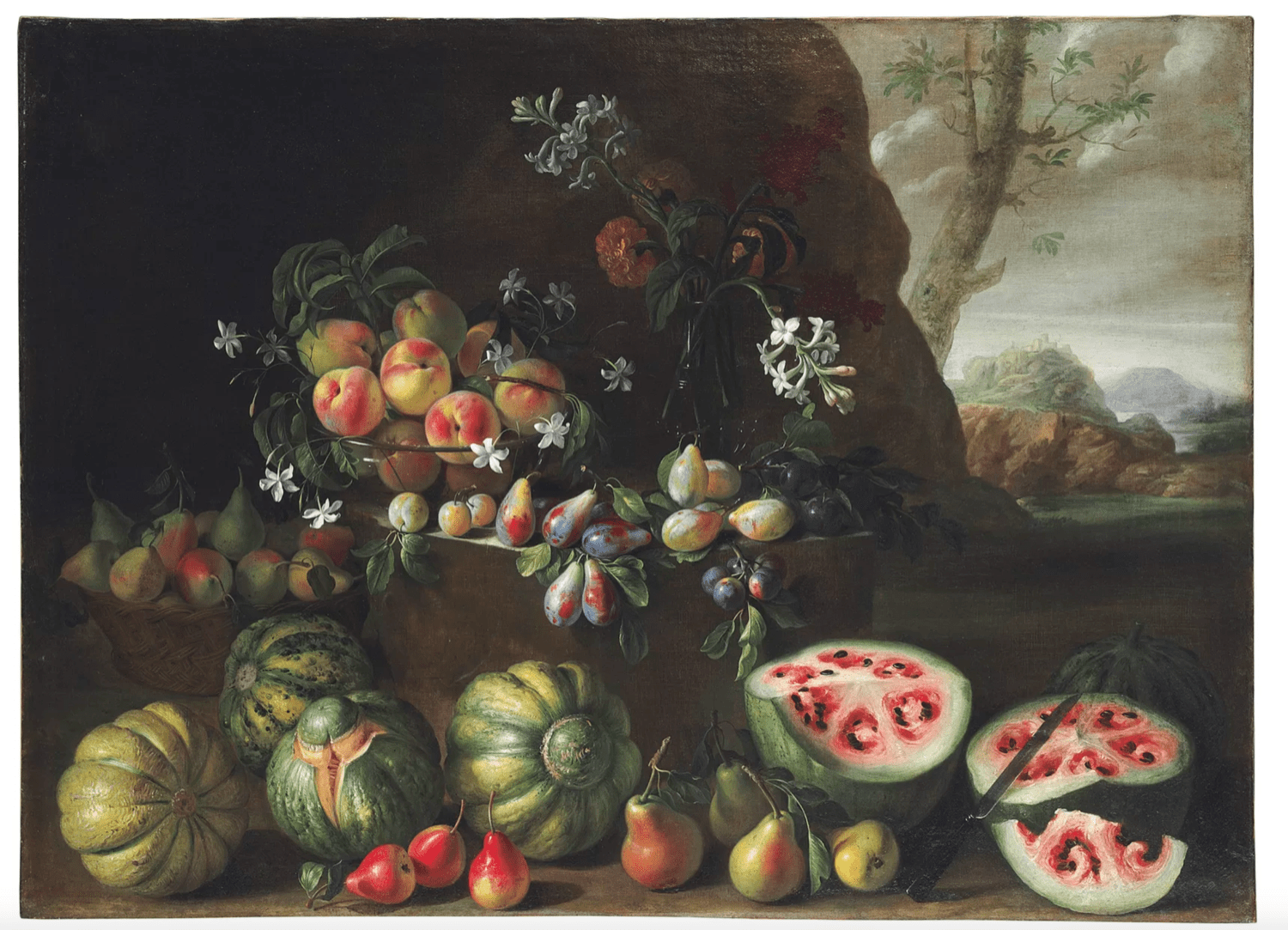 an old painting of a collection of fruit, including watermelons, which look familiar, but different