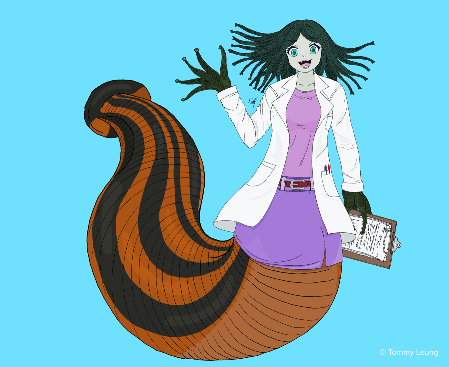 a colored illustration of a monster girl with sucker fingers and leech body, wearing a doctor's lab coat and holding a clipboard