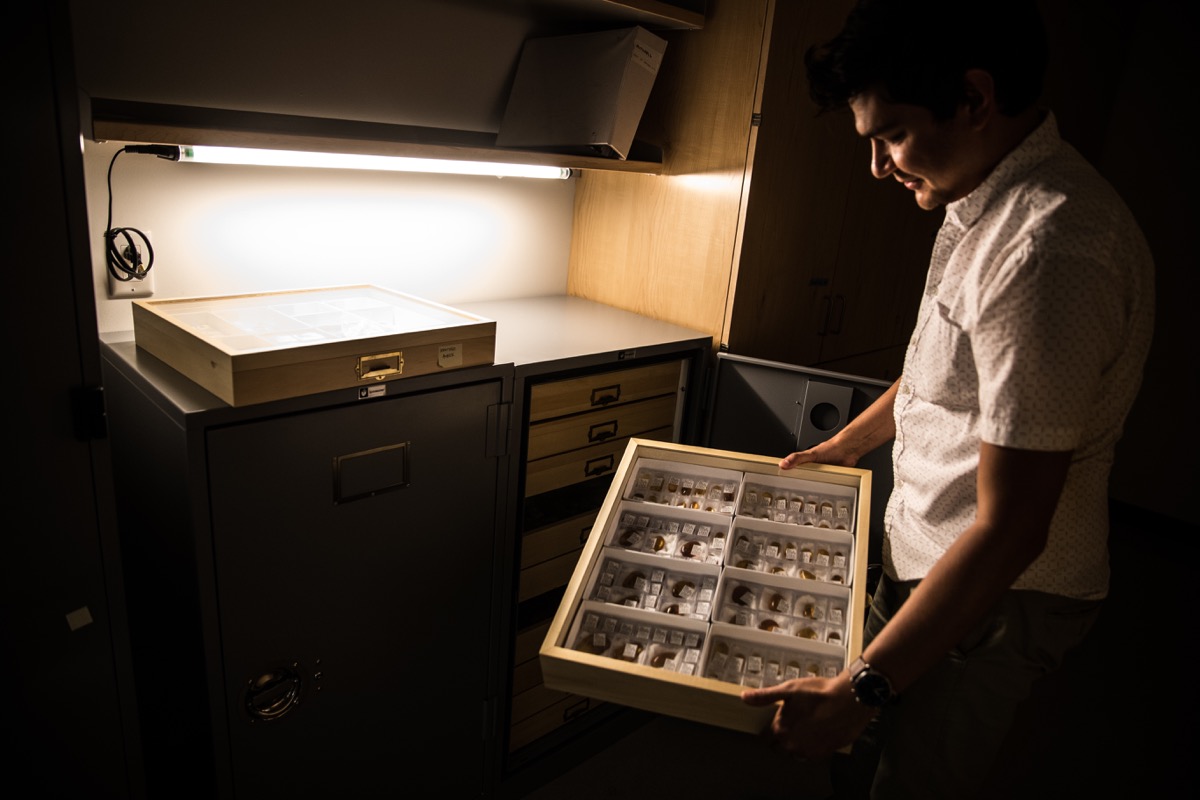 a man holding a collection of various specimens in a box