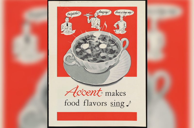 old advertisement on yellowing paper featuring a giant soup bowl and several chefs around it saying things like "amazing!" and "delightful!"