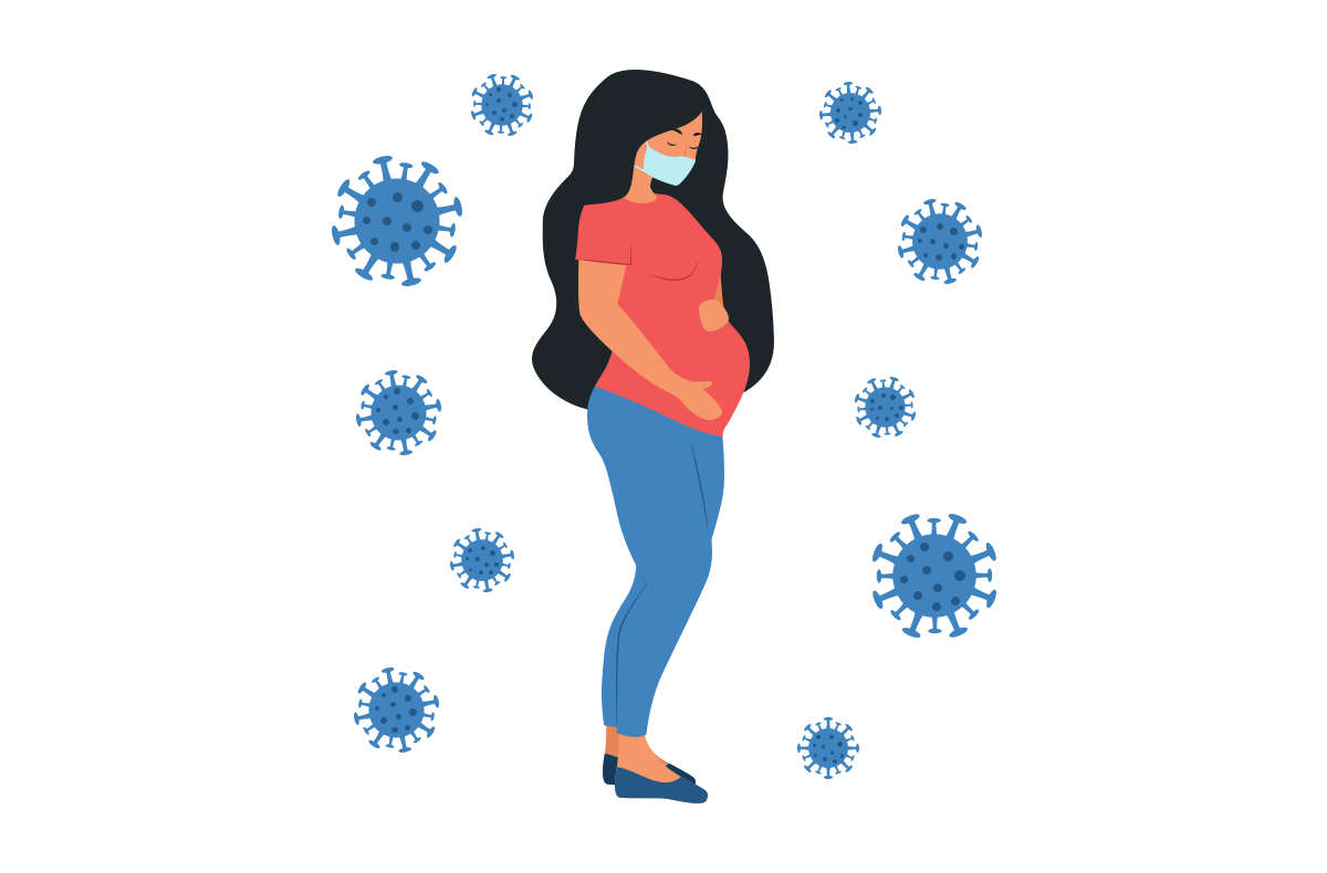 an illustration of a pregnant women wearing a mask with coronavirus particles surrounding her