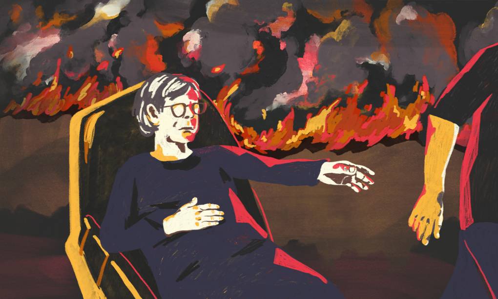 an illustration of an older woman in a rescue bed reaching out to a person who is walking away. behind her are raging flames. 