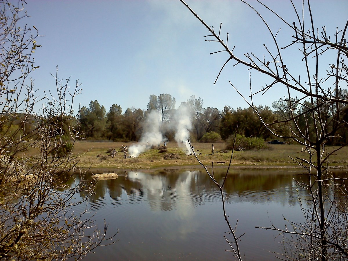 less than a dozen people burning a small area near a river