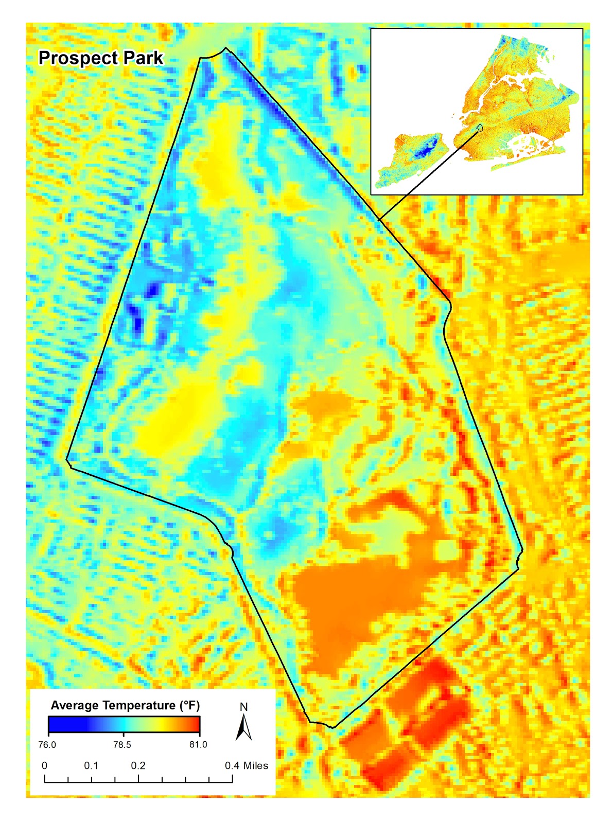 a heatmap from above of prospect park. the park is generally cooler than the neighborhoods surrounding it