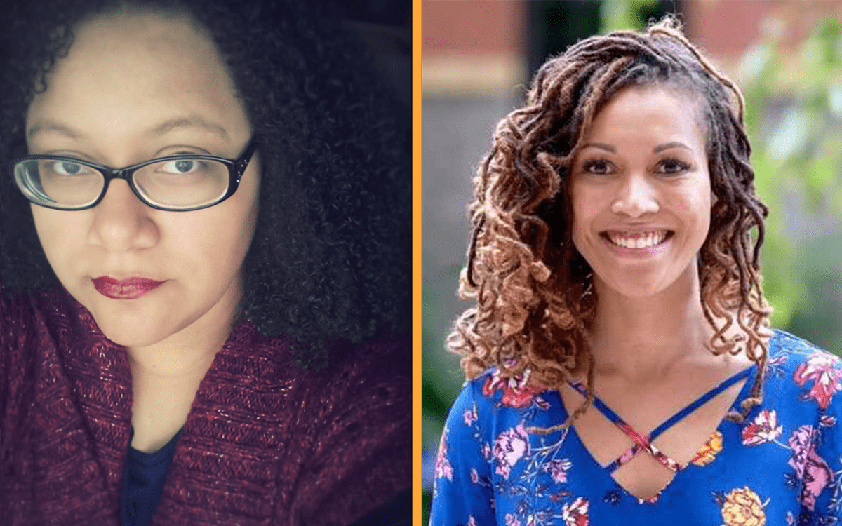 two profile pictures, on the left is a black woman with glasses and on the right is a black woman in a blue shirt. both are writers and authors