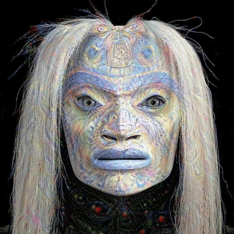 a computer animated trippy scary white face with long white hair opening and closing mouth