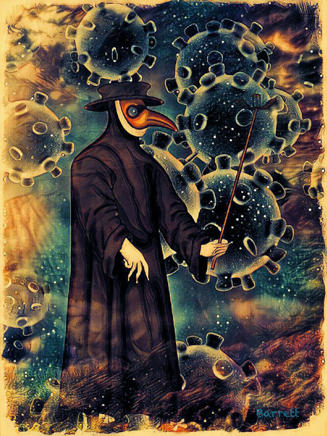 an abstract painting of an old time plague doctor with a bird mask with covid particles in the background