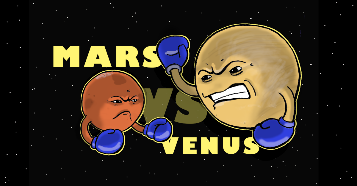 an illustration of the planets mars and venus, anthropomorphized with sneering faces and arms raised with blue boxing gloves on, floating on a black space with white dot stars background. the words "mars vs venus" are written between them