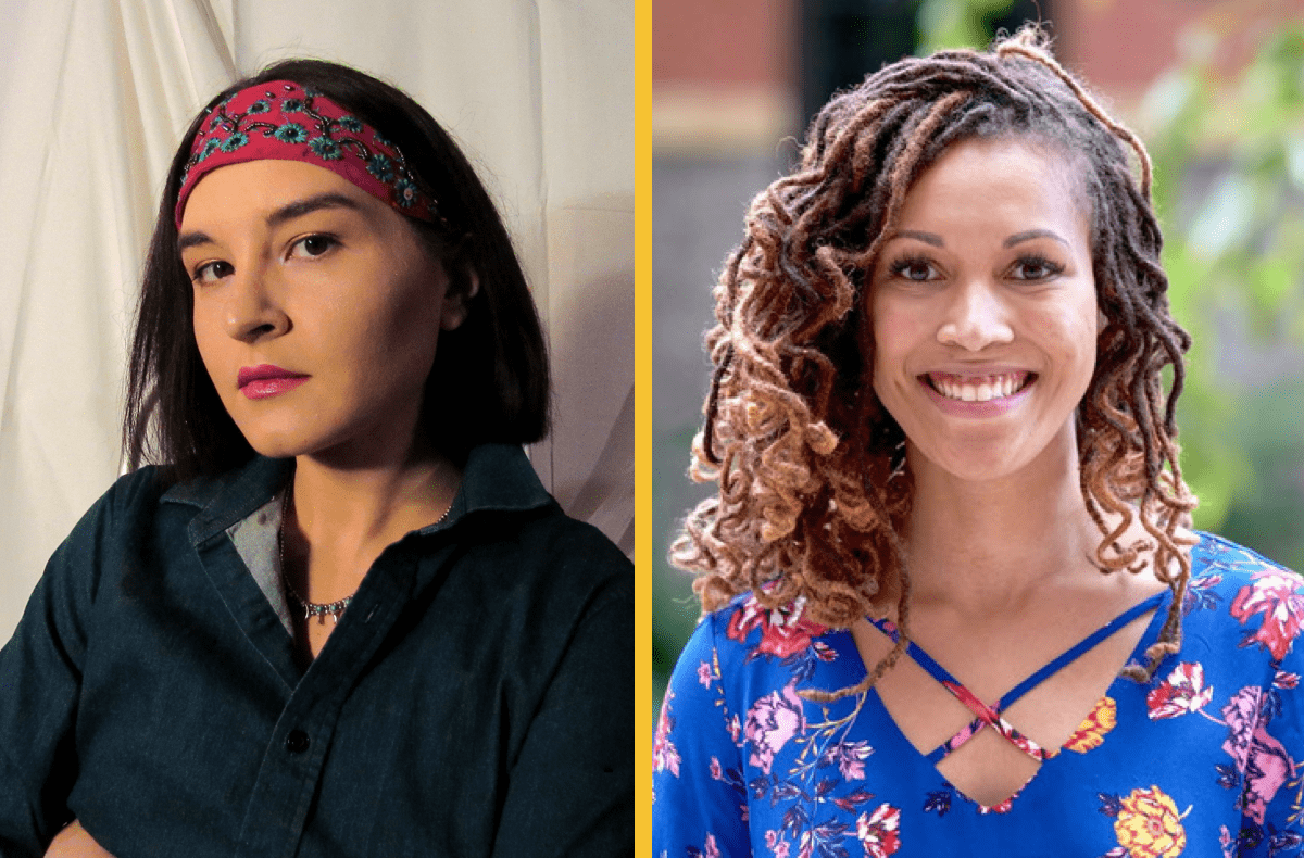 an Indigenous woman on the left, wearing a headband, and a Black woman on the right