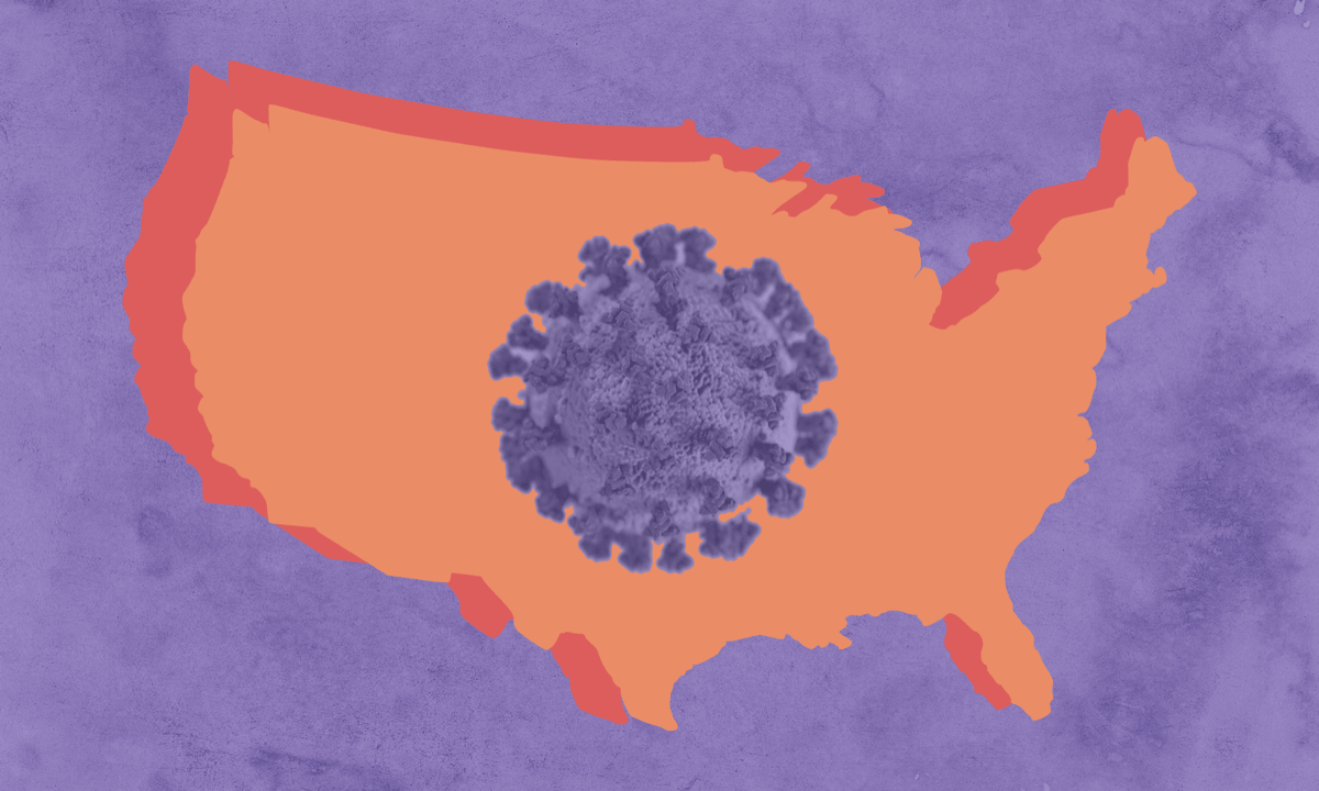a graphic illustration of a cut out of the united states in orange with a purple virus shape in the middle