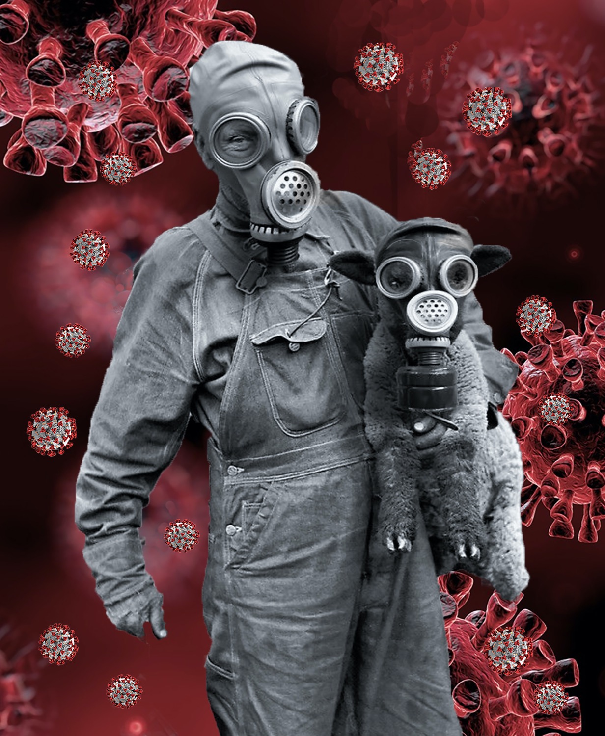 art of an image of a person in a gas mask carrying a lamb, also in a gas mask, superimposed over an abstract background of covid-19 particles