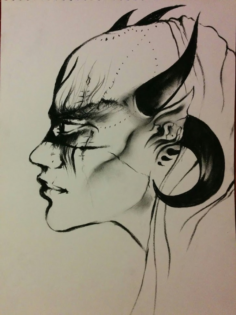 an inked illustration of an "alien" who has elegant horns and black shading over the eyes