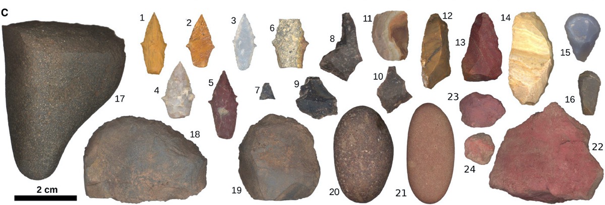 a collage of rock tools found from an archaeology dig. some of the rocks are pointed while others are more round